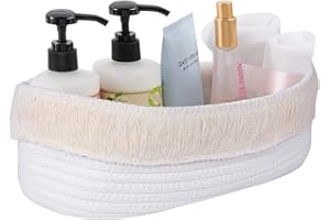 GUZHIOU Toilet Tank Topper Paper Basket, Storage for Toilet Tank, Bathroom Baskets Tray, Toilet Baskets for Boho Bathroom Decor, Small Woven Baskets for Organizing, 13.5"x5.9"x4" (White-Fringe)