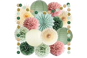 FETETIJD Sage Green and Dusty Pink Party Decorations Green & Pink Party Decor Sage Tissue Pom Poms Paper Lanterns Beige Paper Fans for Women Girls Birthday Wedding Bridal Shower Baby Shower Party Decor