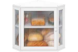 Corner Bread Box for Kitchen Counter, White Bamboo Wood Bread Box, Large Capacity Bread Storage Bin with Acrylic Wavy Door Pa