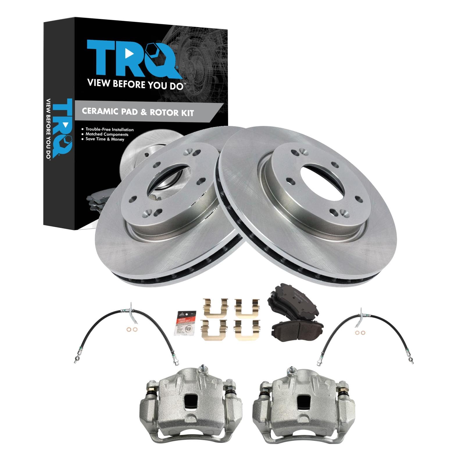 TRQ Front Brake Pad and Rotor Set Ceramic Calipers Compatible with 2007-2010 Hyundai Elantra Image