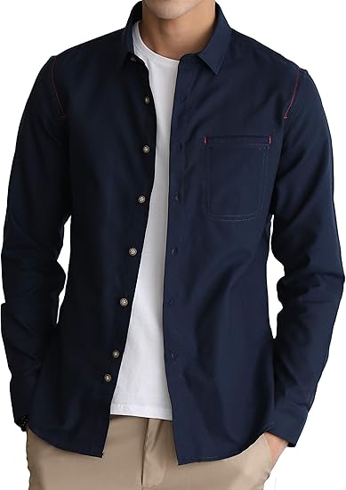 Amazon Shanliang シャツ メンズ 長袖 半袖 夏服 七分袖 カジュアル 無地 スポーツ レッドステッチ オックスフォードシャツ コットン 春 夏 秋 冬 シャツ 通販