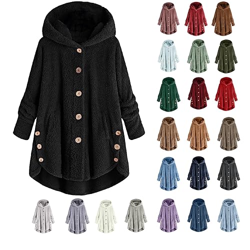 Fleece Jacket Women, Solid Button Down Sherpa Lined Coats Thick Warm Hooded Parkas Jackets Ladies Fluffy Teddy Bear Comfort Outwear Autumn Winter Plus Size Wool Coats Home Casual Overcoat S-5XL