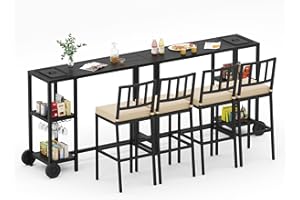 PIZZELLO 6 Piece Outdoor Patio Bar Set, 2 PCS 47" Rectangular Counter Height High Top Bar Tables with Wheels, 4 Cushioned Bar Stools, Metal Bar Table and Chairs Set for Balcony, Backyard, Porch