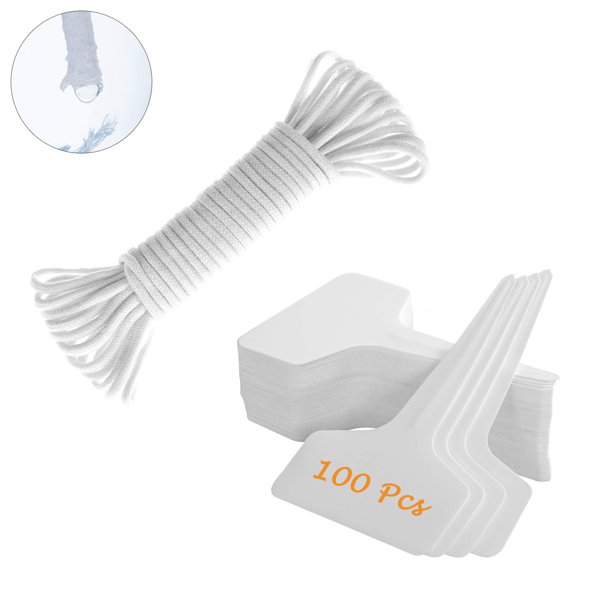 ORIMERC 100 Pcs Plant Labels with 30 Feet Self Watering Wick Cord for Vacation Self-Watering Planter Pot DIY Automatic Watering Device System Potted Plant Sitter Auto Drip Waterer Garden Tag Marker