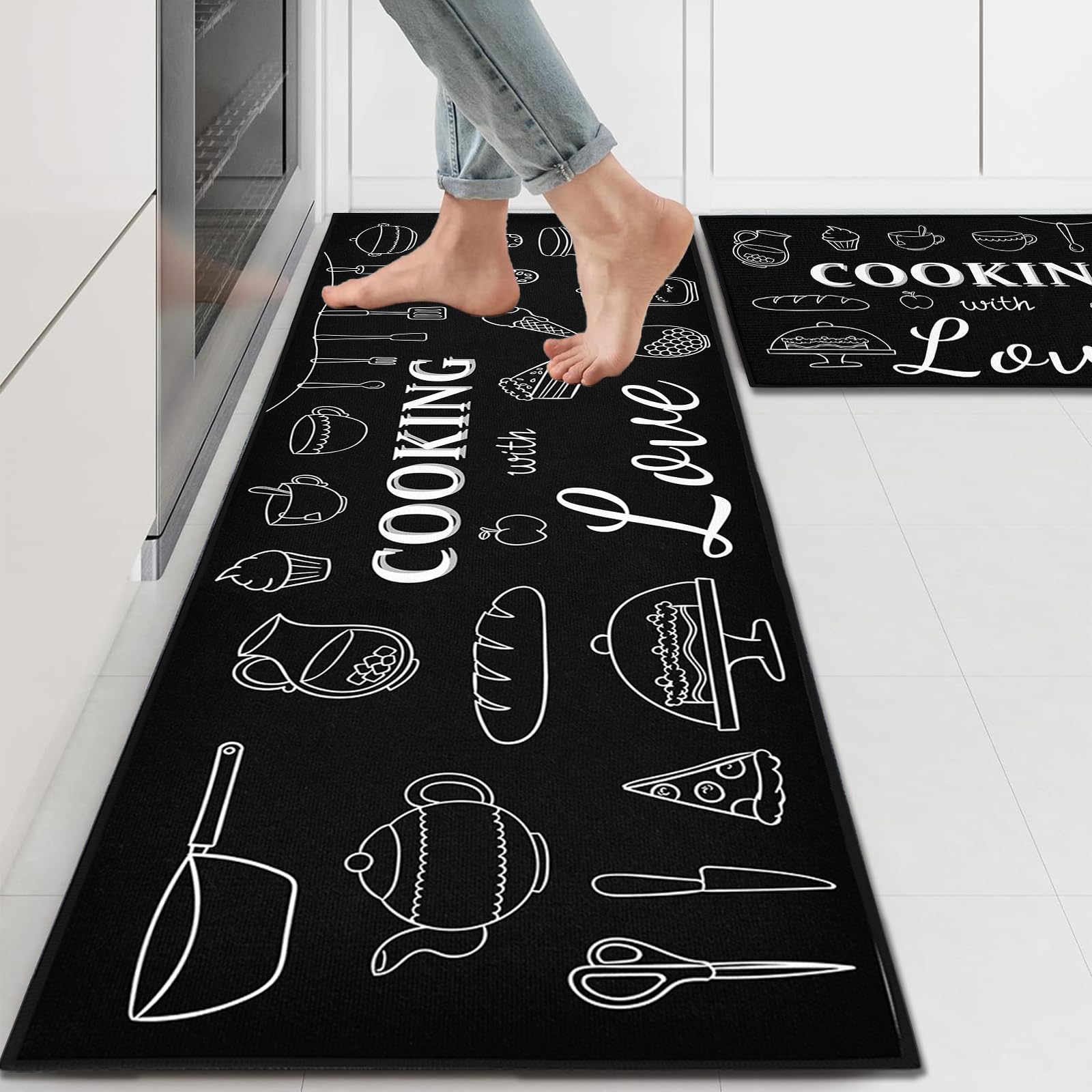 Black Kitchen Rugs and Mats Sets of 2 Pieces Funny Kitchen Decoration Non Slip Super Absorbent Kitchen Mat Runner Rug for Sink,Hallway,Laundry Room (Dessert, 43x150cm+43x75cm)