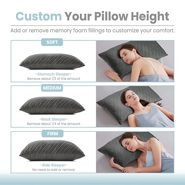 BAFODE MEMORY FOAM PILLOWS QUEEN SIZE SET OF 2, SHREDDED MEMORY FOAM PILLOWS, COOLING PILLOW FOR SLEEPING, ADJUSTABLE BED PILLOWS FOR SIDE, BACK AND STOMACH SLEEPERS