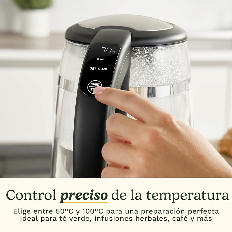 hervidor de vidrio 1,7 L con control de temperatura, hervido rápido 3 kW, exterior frío al tacto, doble pared, sin BPA, pico antigoteo, base 360°, apagado automático y pantalla táctil