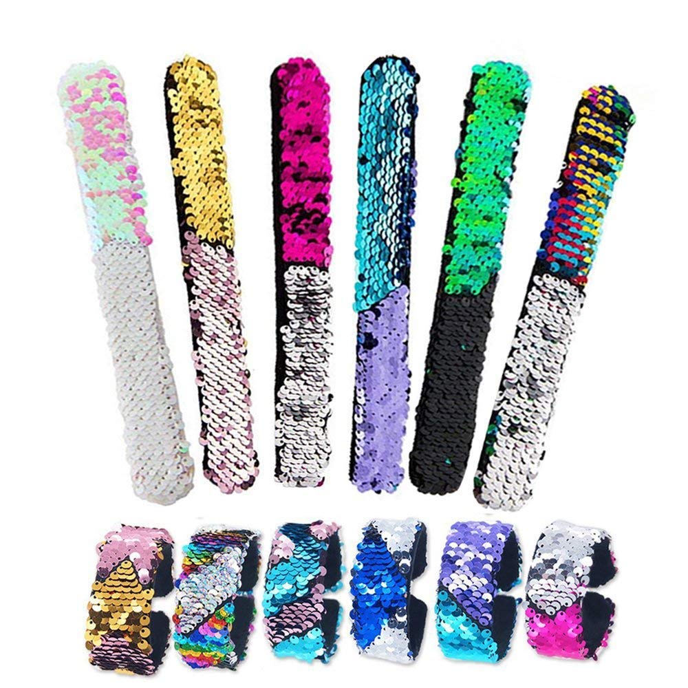 Hyfanda Magic Mermaid Slap Bracelet 12 Pack for Birthday Party Favors Christmas Gifts, Two-color Decorative Reversible Charm Sequins Flip Wristband Bracelet for Kids,Girls,Boys,Women (12PCS)