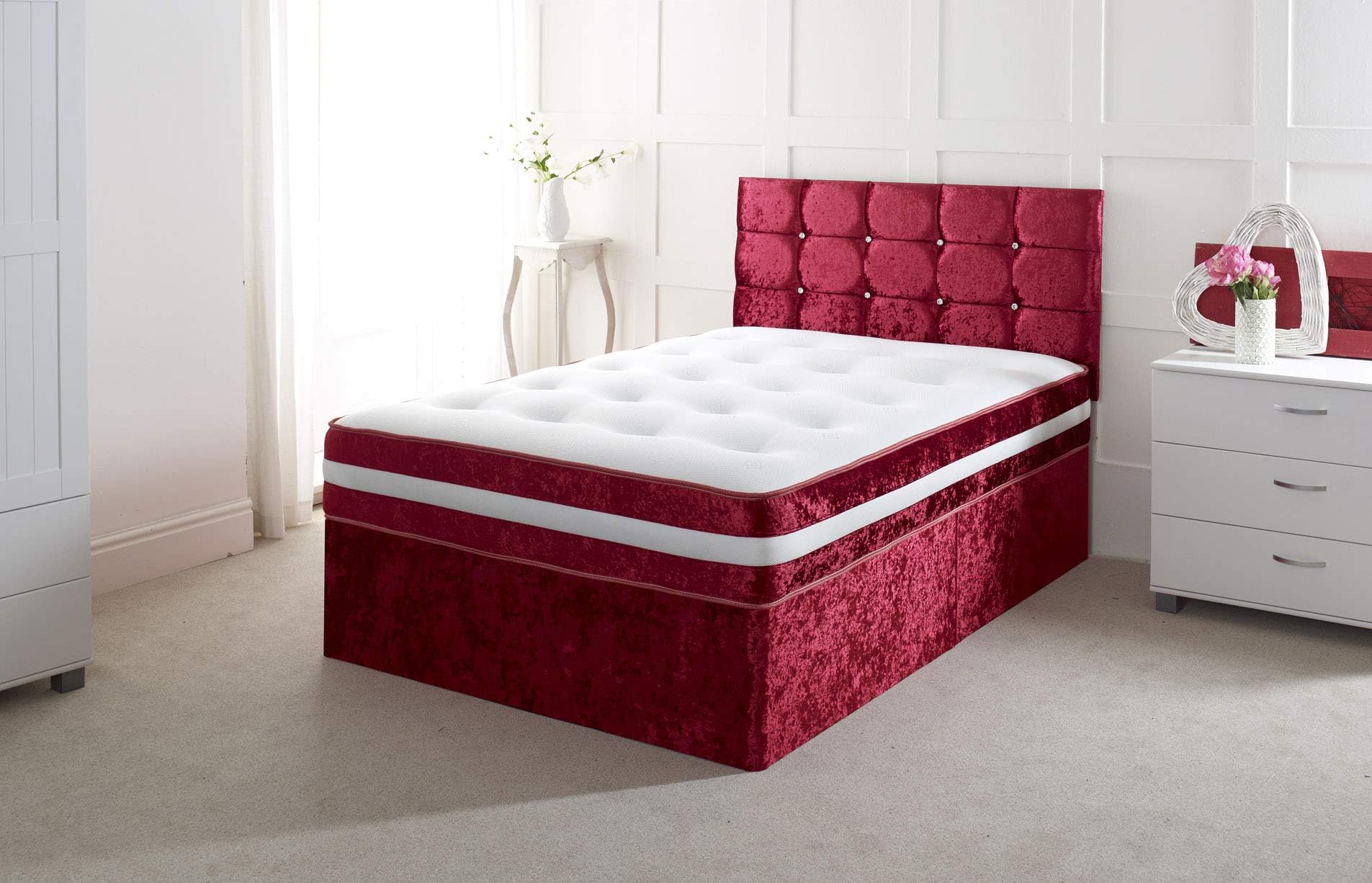 Crushed Velvet 4FT Small Double Divan Bed with Mattress Free HEADBOARD and Storage Drawers Available (4FT 0 Drawer, Red Crush)