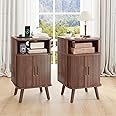 Alohappy End Table Set with Charging Station, Mid Century Modern Fluted Nightstands with Sliding Tambour Doors, Curved Accent Wood Side Table with Storage for Bedroom, Living Room, Walnut