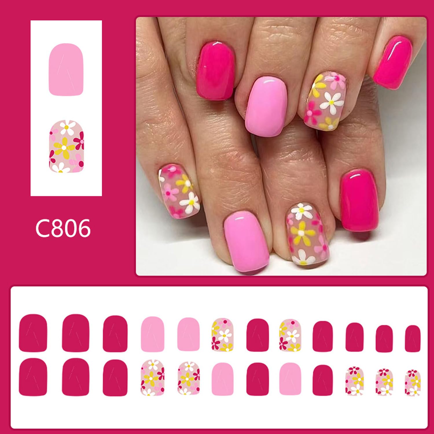 Flower Press on Nails Square Short Cute Fake Nails with Floral Design Glue on Nails Glossy Small Flowers False Nails Press ons Spring Stick on Nails Acrylic Artificial Nails for Women and Girls 24PCS - Image 5