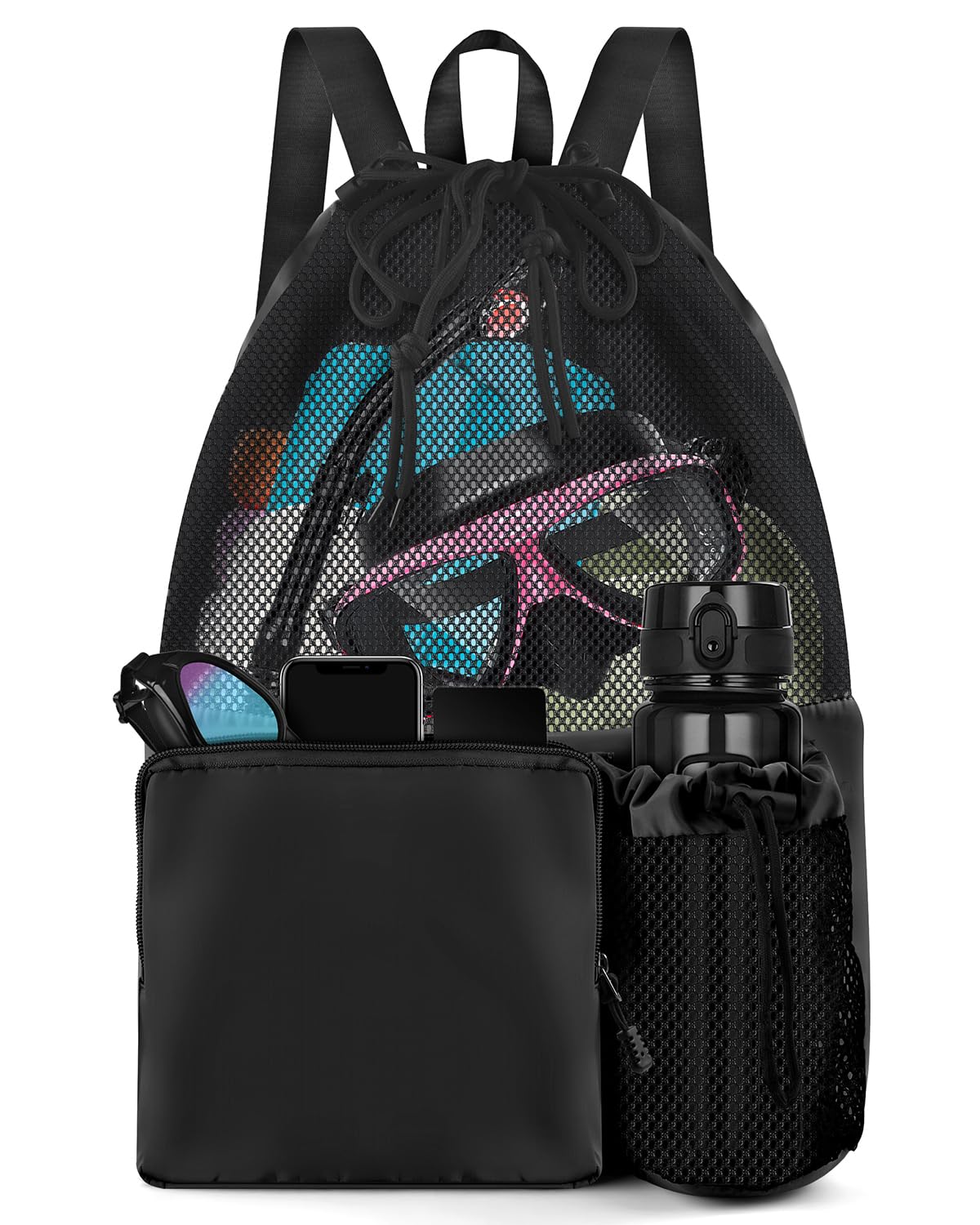 BROTOU Drawstring Mesh Swimming Bag, 30 Litre Water Sports Backpack with Wet/Dry Pocket, Multifunctional Sports Bag for Kids, Adults, Swimming, Surfing, Beach, Travel (C, Black)