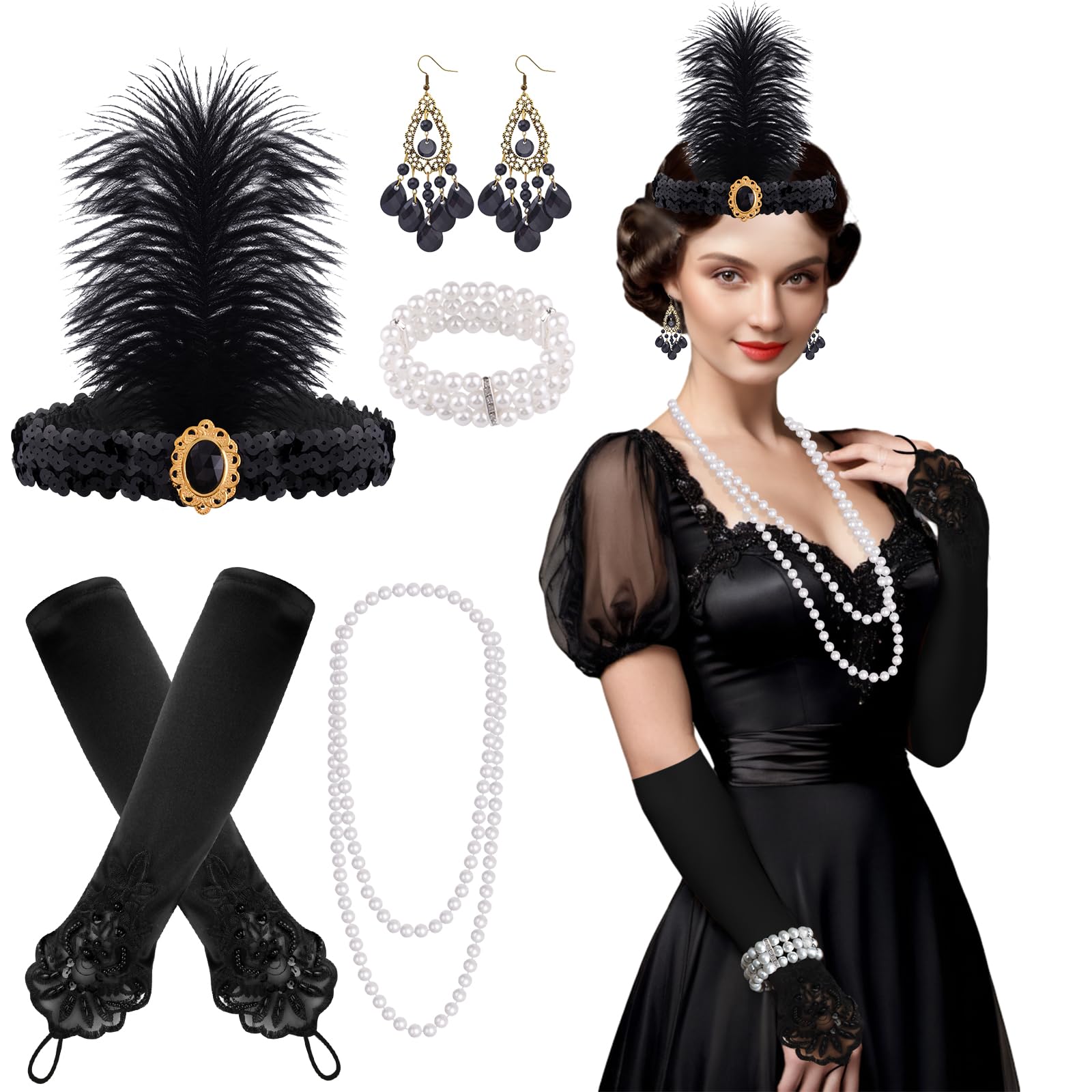 FEPITO 8 Pcs 1920s Accessories Set Flapper Headband Necklace Earrings Long Black Gloves Boa Great Gatsby Theme Party Accessories for Women（Set E）