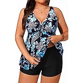 Yonique Two Piece Plus Size Tankini Swimsuits for Women Flowy Bathing Suits with Shorts Tummy Control Swimwear