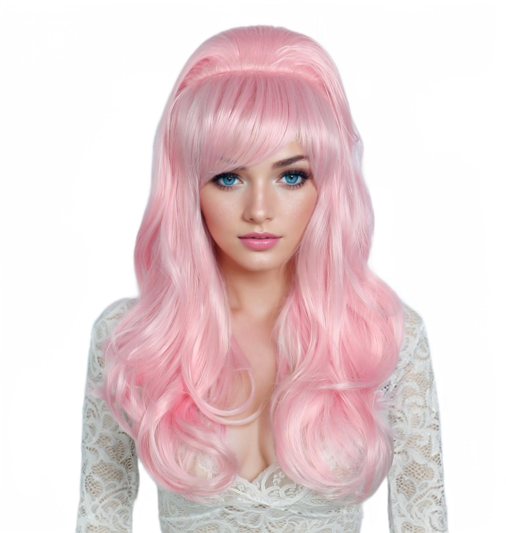 Linfairy Long Wavy Pink Wig Big Bouffant Beehive Wigs for Women fits 50s 80s Costume
