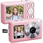 Digital Camera Dual Screen Kids Camera 4K 48MP with Autofocus & 16X Zoom, Internal Battery, 64GB SD Card Included | Portable Selfie Camera for Teens Children, Starter Vlogging Cameras