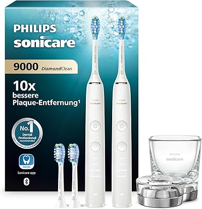 Philips Sonicare DiamondClean 9000 elektrische Zahnbürste, Doppelpack, Zahnbürste mit Schalltechnologie inklusive App, Drucksensor, 4 Putzmodi, 3 Intensitätsstufen, Ladeglas, weiß, Modell HX9914/62