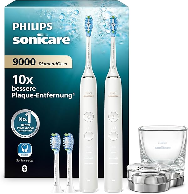 Philips Sonicare DiamondClean 9000 elektrische Zahnbürste, Doppelpack, Zahnbürste mit Schalltechnologie inklusive App, Drucksensor, 4 Putzmodi, 3 Intensitätsstufen, Ladeglas, weiß, Modell HX9914/62