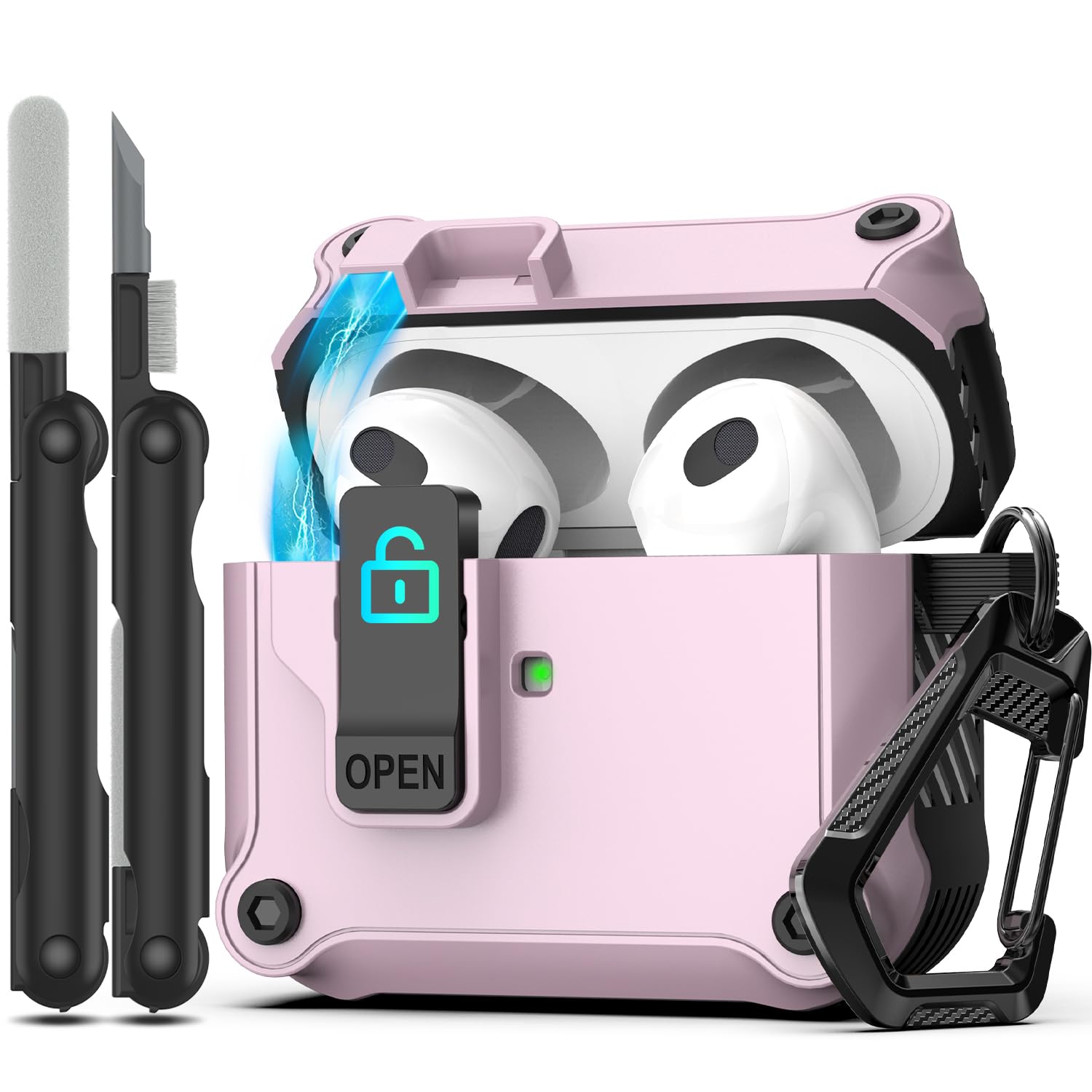 RFUNGUANGO for Airpods 3rd Generation Case with Secure Lock Clip, Full Body Shockproof Hard Shell Protective, AirPods 3 Case Compatible with Apple AirPod 3rd Gen 2021 [Front LED Visible] (Purple)