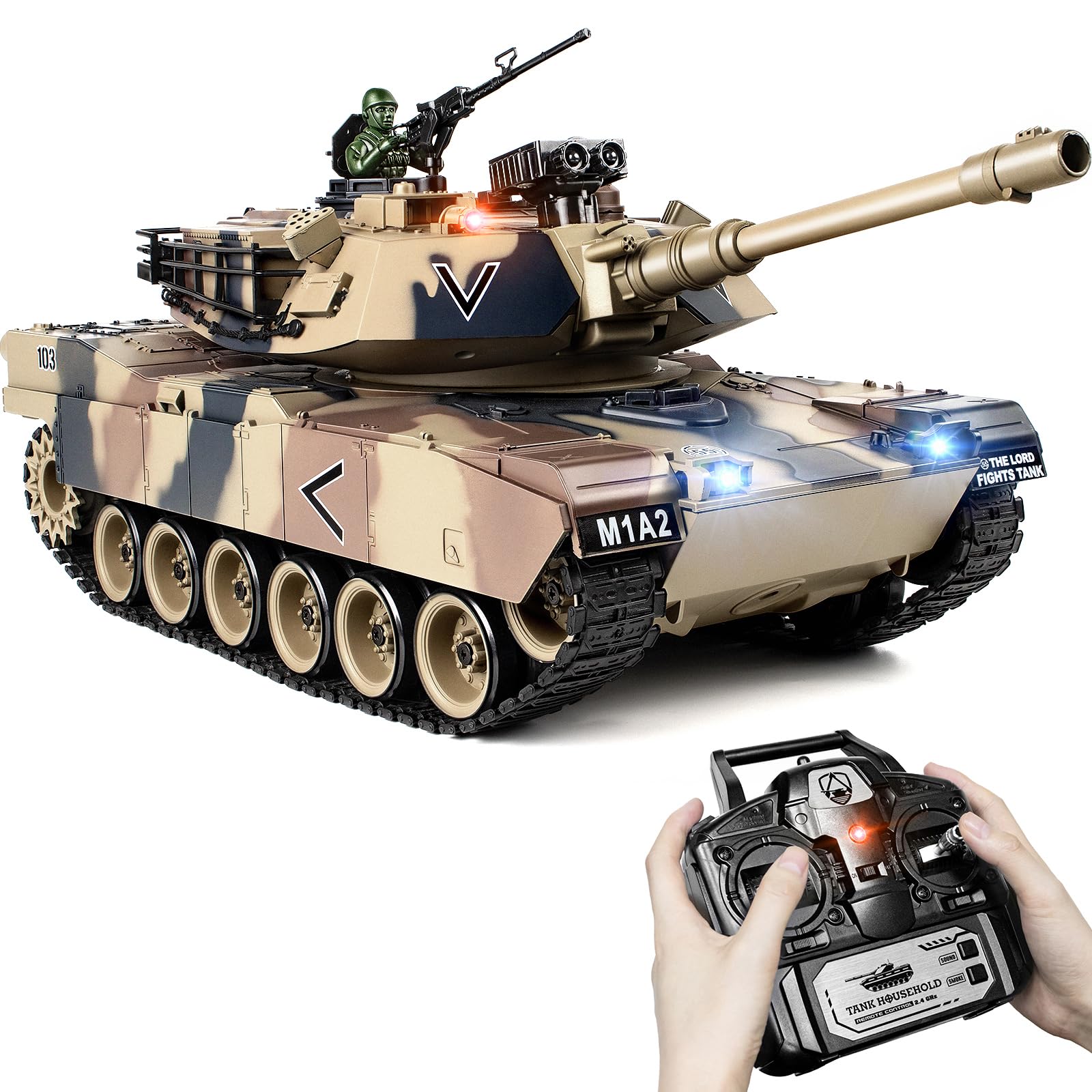 Supdex 1:18 RC Tank, 2.4Ghz US M1A2 Remote Control Tank Model Toys, 15 Channel Battle Army Toy with Smoke Effects, Light and Sound, RC Military Truck for Adults and Kids That Shoots BBS, Water Bombs