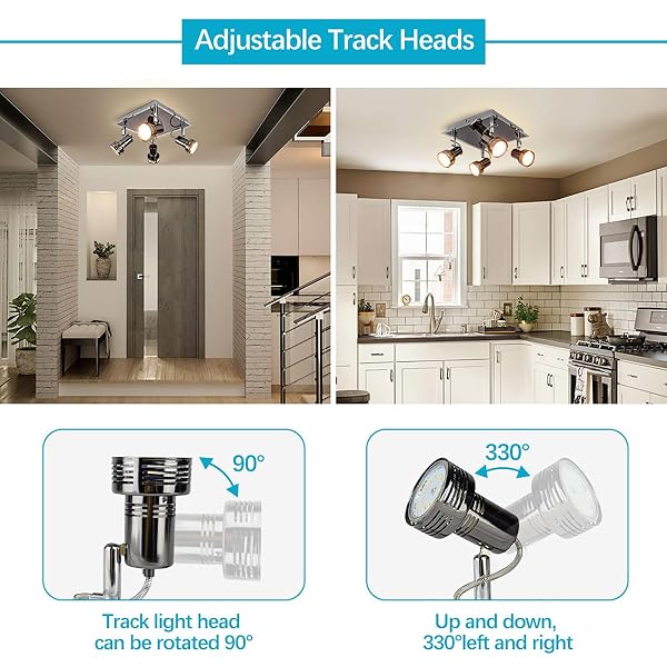 DEPULEY CEILING TRACK LIGHT FIXTURE: 4-LIGHT SQUARE LED TRACK LIGHTING KIT – FLUSH MOUNT CEILING SPOTLIGHTS FLEXIBLY ADJUSTABLE ACCENT LAMP FOR KITCHEN LIVING ROOM BEDROOM HALLWAY GU10 BULBS INCLUDED