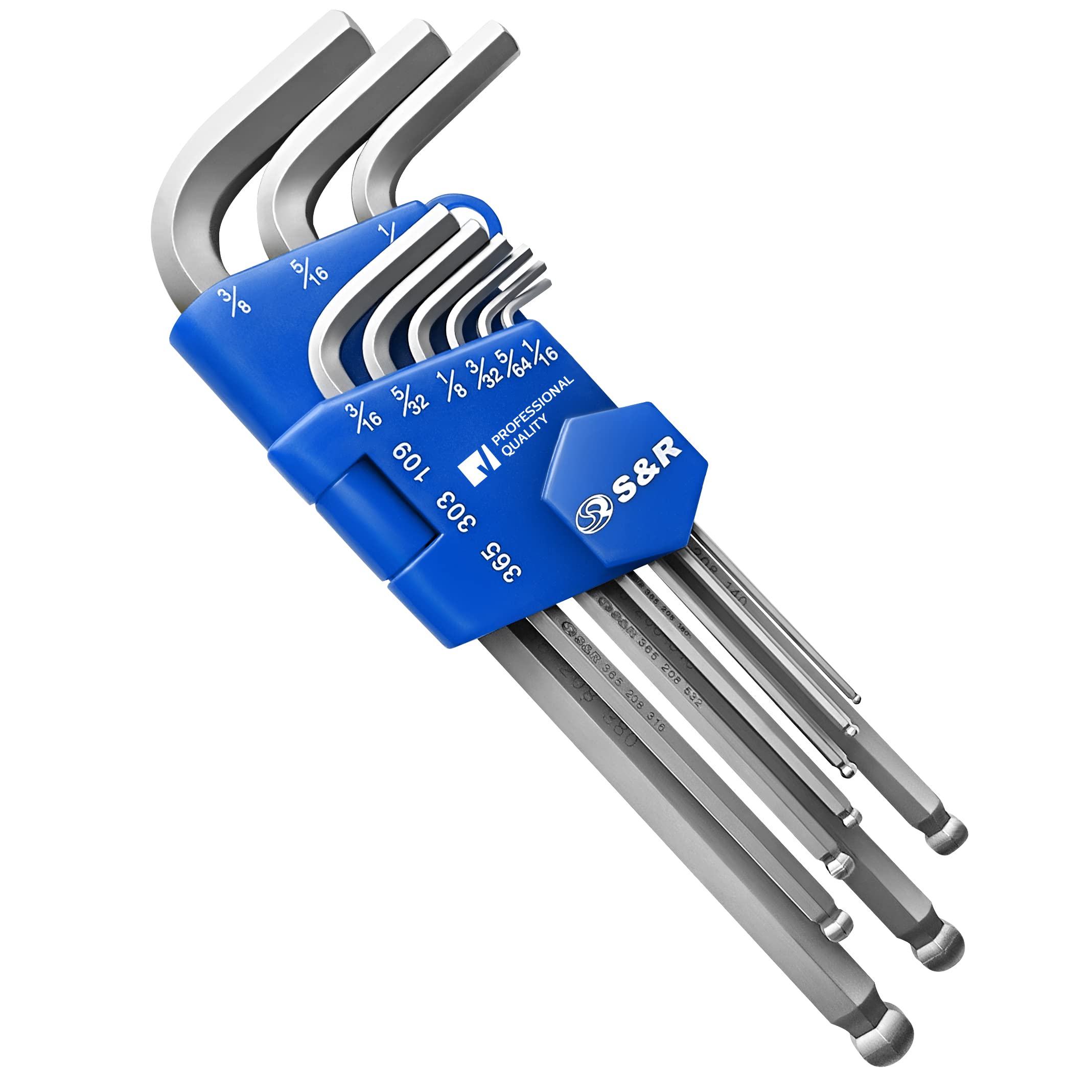 S&R Allen Keys, Hex Keys Ball End, Set HX. 9-Pieces. 1/16-3/8 inch, Long, in Plastic Clip. Professional Quality — image 1