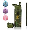 FAHRMOSIS 18 OZ Kids Water Bottle with Straw & 2 Lids (Flip & Spout) Leak Proof Metal Insulated Stainless Steel Reusable Tumbler for School & Sports Water Bottle - Green (Army)