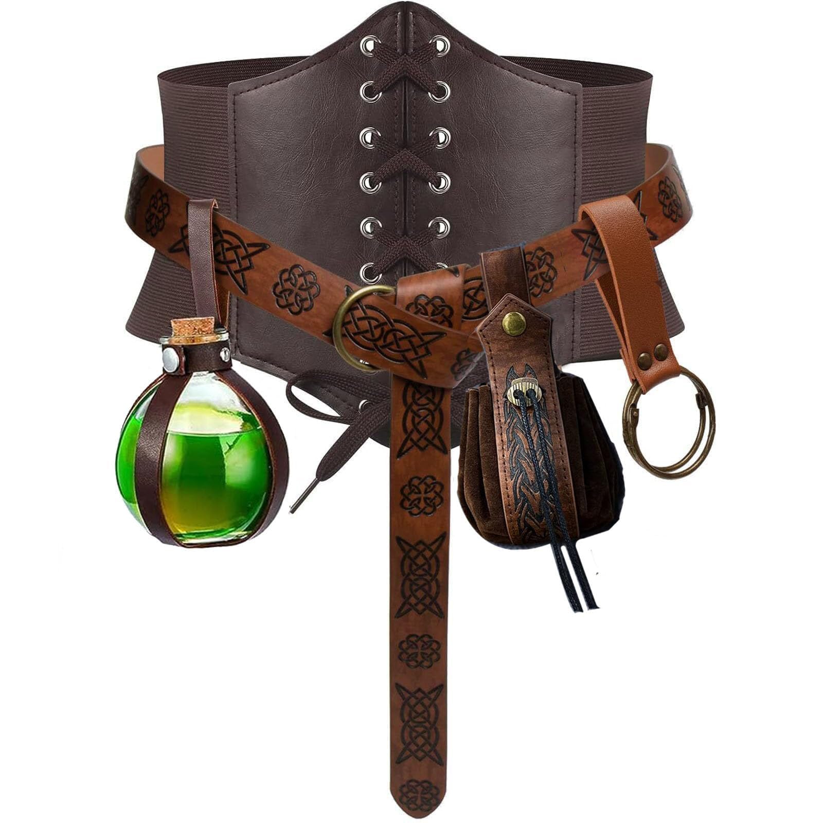Photo 1 of 5PCS Renaissance Costume Sets Corset Waistband Belt Pouch Coin Purse Potion Bottle Vials Skirt Hike Medieval Cosplay (2-Brown, XL/Waist 39"-46")