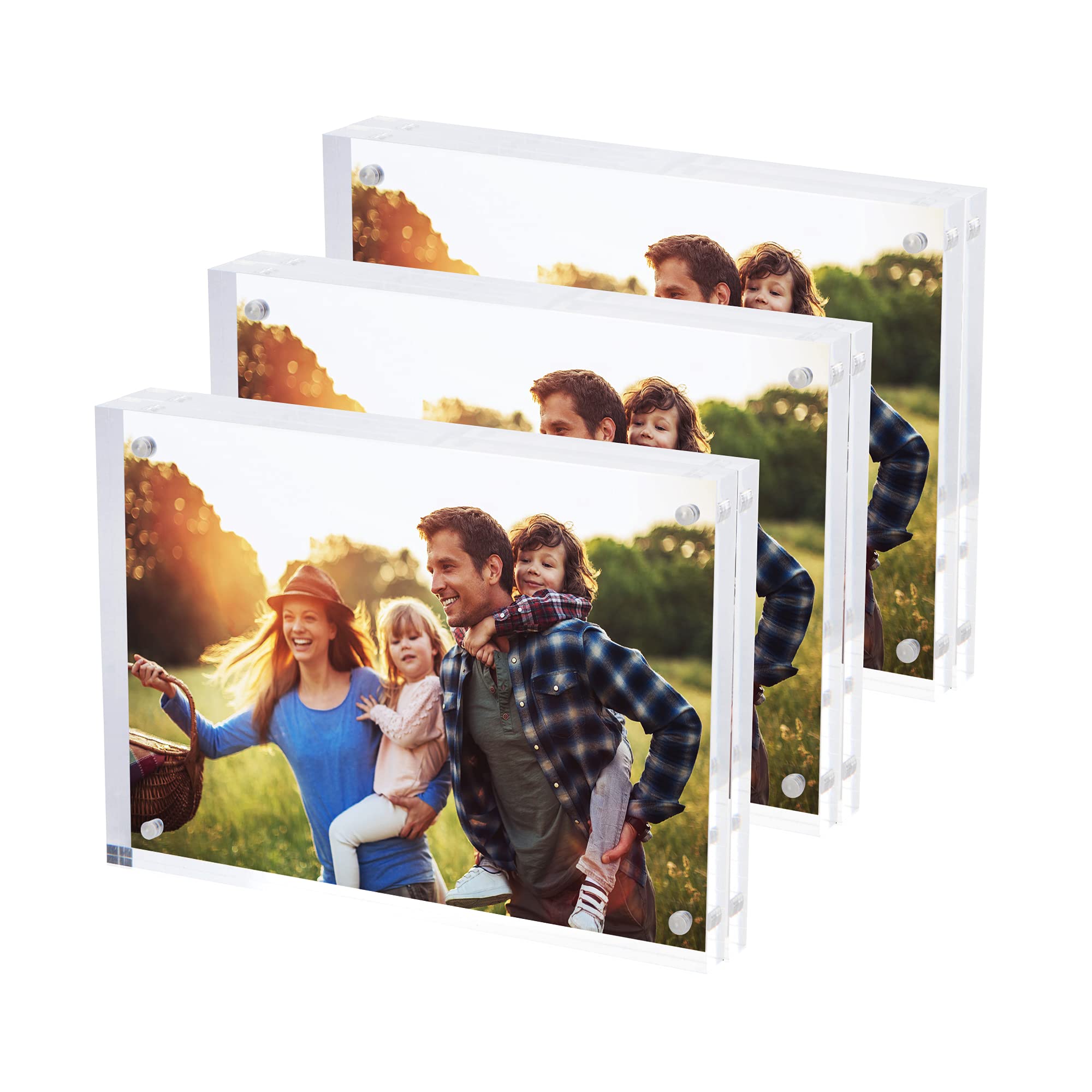 SimbaLux Magnetic Acrylic Picture Photo Frame 5x7 inches (3 Pack), Clear Glass Like, Double Sided Frameless Desktop Floating Display, Free Standing, Easy to Change