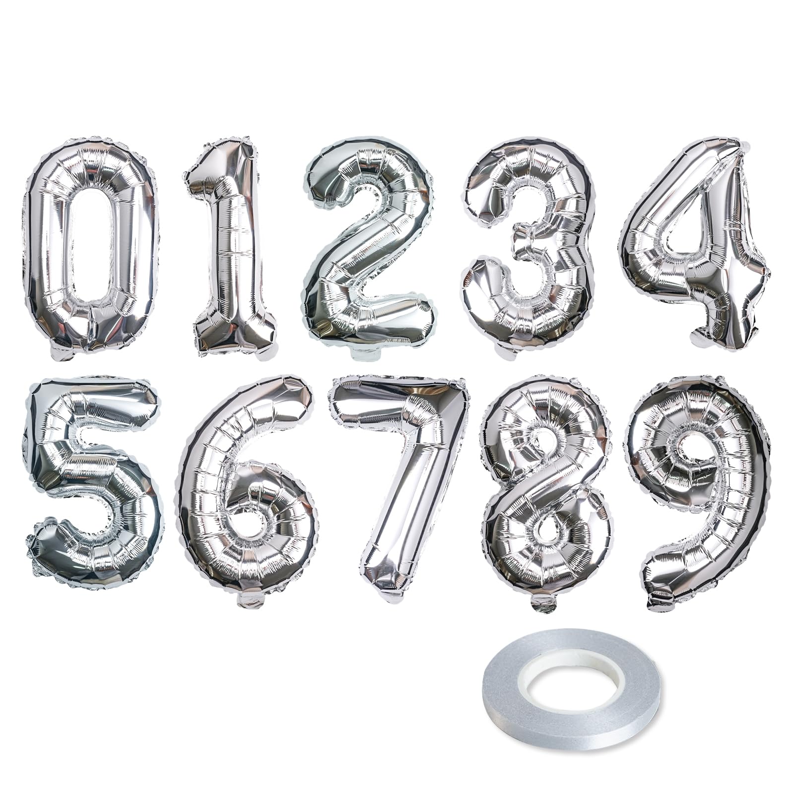 Photo 1 of [10] 16" Number Silver Foil Balloons 0-9 set, Mylar Aluminum Hanging Numbers for Graduation Birthday Party Decorations Christmas New Year eve (10 Pcs)