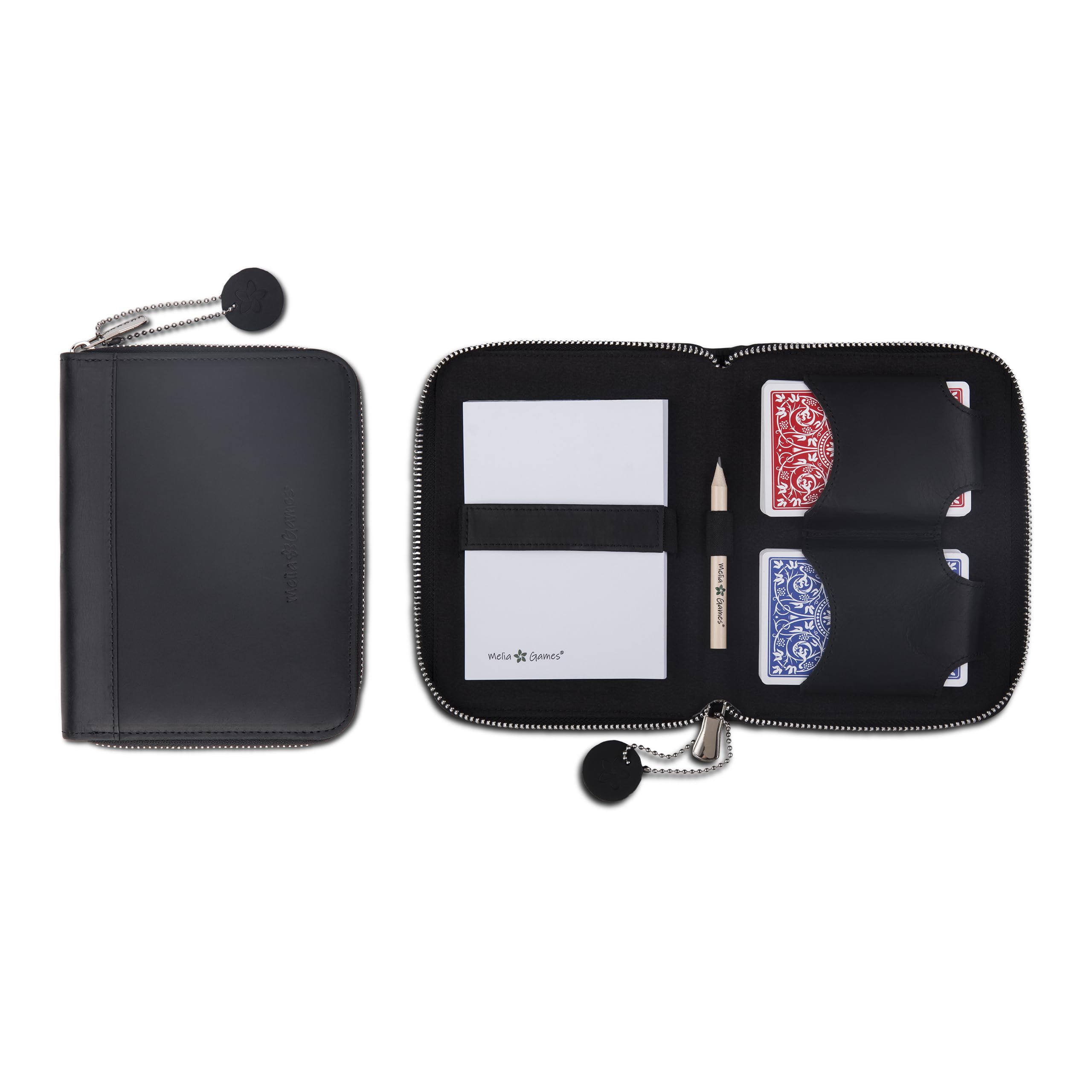 Melia Games Deluxe Playing Card Set - Exclusive Card Case Made of Finest Leather - Complete Set Including 2 Playing Card Decks, Notepad and Pencil (Vintage Edition (Crazy Pure Black)