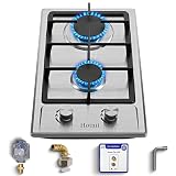 Hothit 2 Burner Propane Gas Cooktop, 12" Inch LPG/NG Dual Fuel Built-in Gas Stove Top, Stainless Steel Electronic Ignition Gas Hob for Apartment, Outdoor, RVs(L12"×W20")…