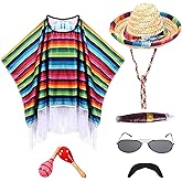 Aiofaervy Mexican Poncho and Sombrero Set for Adults,7Pcs Mexican Party Costume Set Includes Fiesta Serape Poncho Sombrero Hat Sunglasses Fake Mustache Maracas Stick Prop for Cinco De Mayo Costume