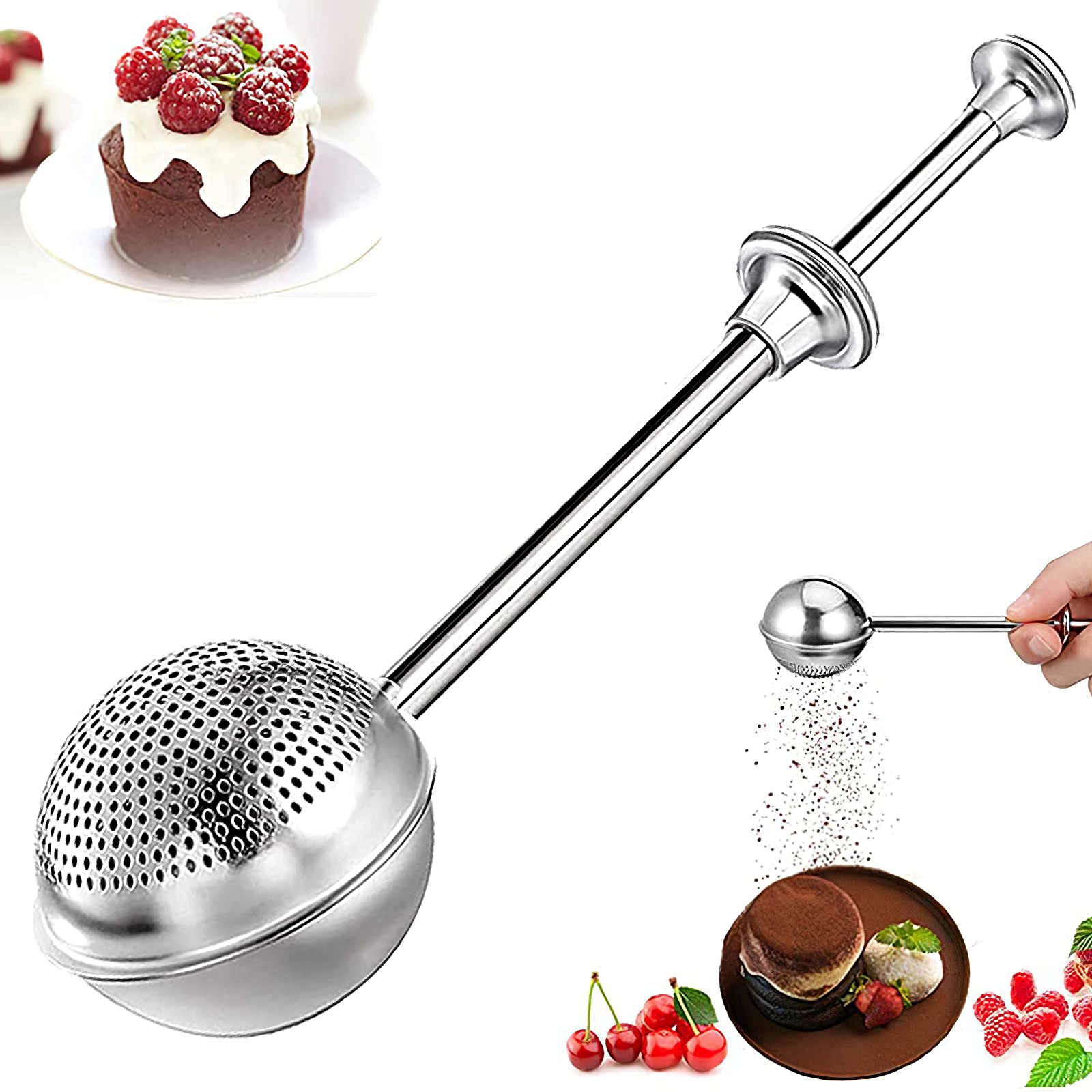 ALLOMN Flour Duster for Baking, Tea Infuser for Loose Leaf Tea, Powdered Sugar Shaker Duster Sifter for Baked Goodies, Stainless Steel Powdered Icing Sugar Shaker Duster, Pick Up and Dust Flour Sifter