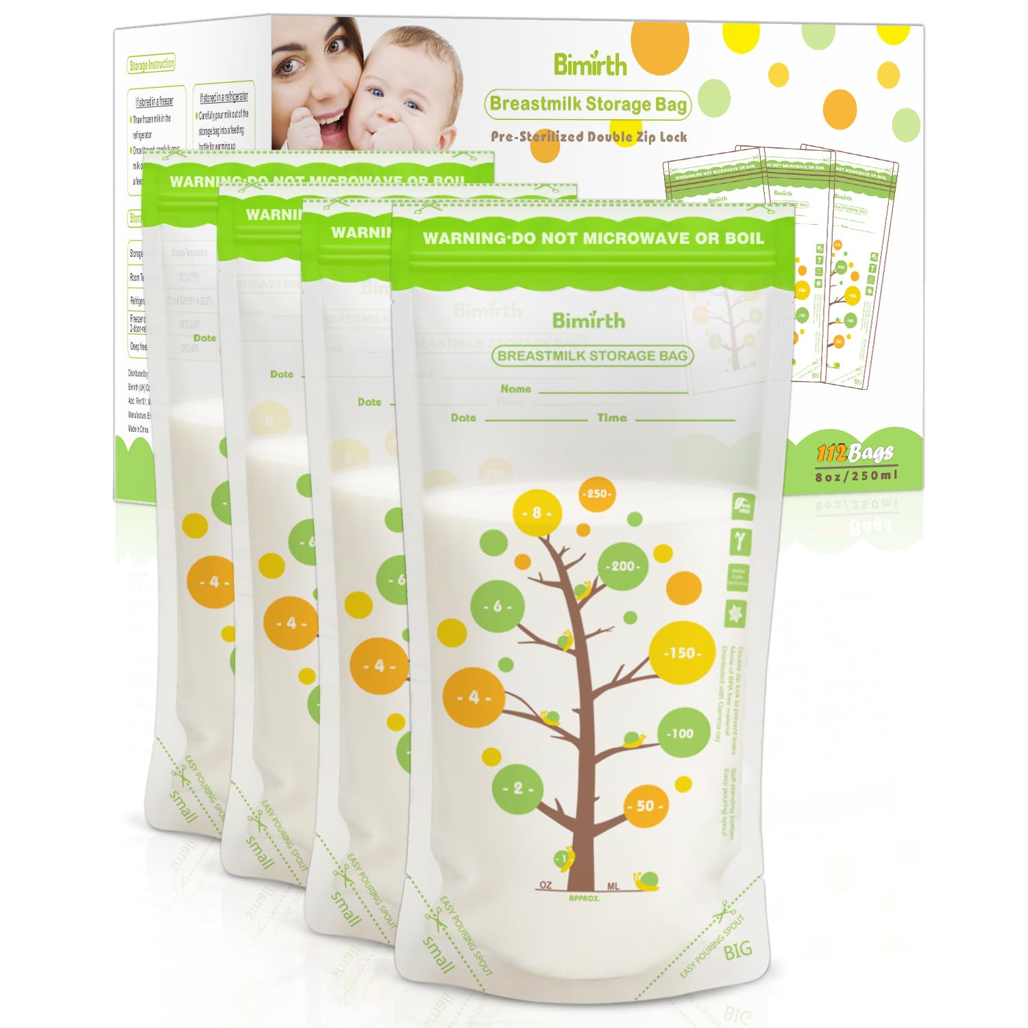Photo 1 of 112 Count Breast Milk Storage Bags for Freezer, 8oz BPA-Free Breastmilk Bags, Double Zipper Leak-Resistant & Self-Standing, Thick Durable Milk Storage Bags – Bimirth