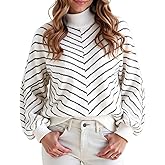 Upopby Women's Striped Fall Winter Sweaters for Women Trendy Turtleneck Lantern Sleeve Knitted Pullover Sweater Jumper Tops