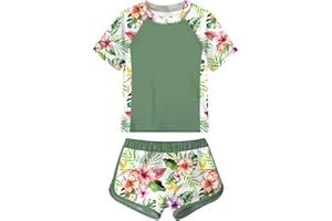Enlifety 7-16T Girls Swimsuit 2 Piece Bathing Suit Short Sleeve Rash Guard Swimwear Set