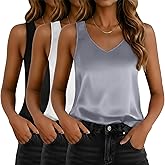 Riyiper 3 Pack Women's Silk Satin Tank Tops, Sleeveless V Neck Cami Summer Casual Camisole Loose Fit Basic Blouses Shirt