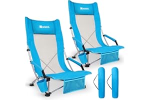 AKSOUL Folding Beach Chair for Adults: Low/High Back Chairs with Carry Bag - Extra Wide Seat Chair with Comfortable Pillow & Storage Pocket (1 Pack & 2 Pack, Blue)