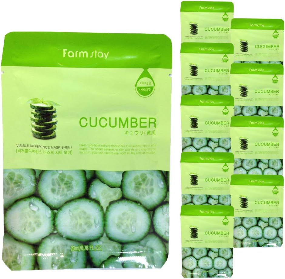 Korean Deep Moisturizing Rich Cucumber Visible Face Facial Mask Sheet Farm Stay [ 10 Packs ] 23ml/0.78 fl.oz
