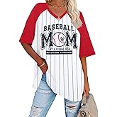 Baseball Mom Shirts for Women - Oversized V Neck Baseball Jersey Shirt Stripe Graphic Print Casual Tops Tees