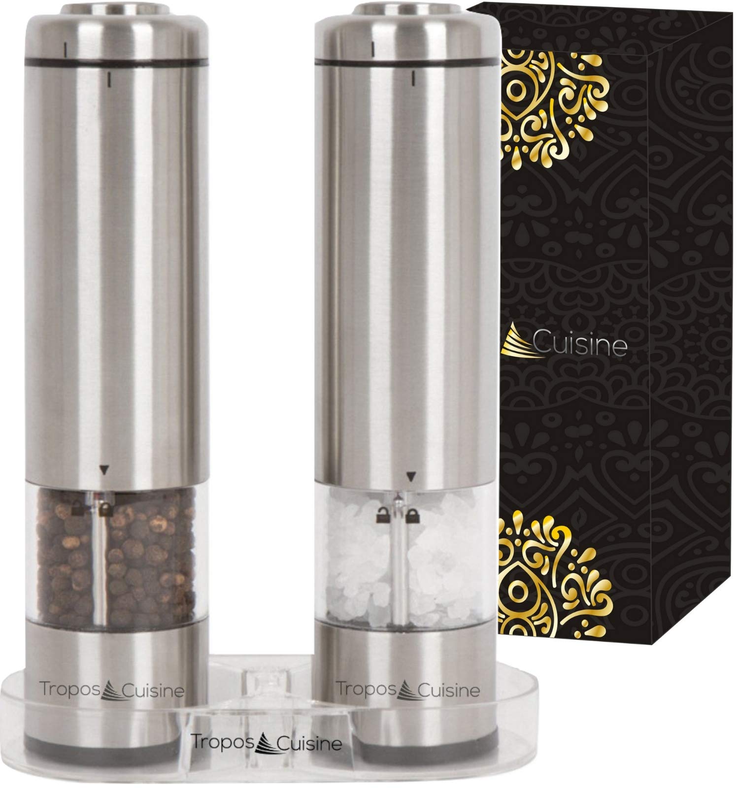 Battery Operated Salt and Pepper Grinder Set by TroposCuisine 2 Tall