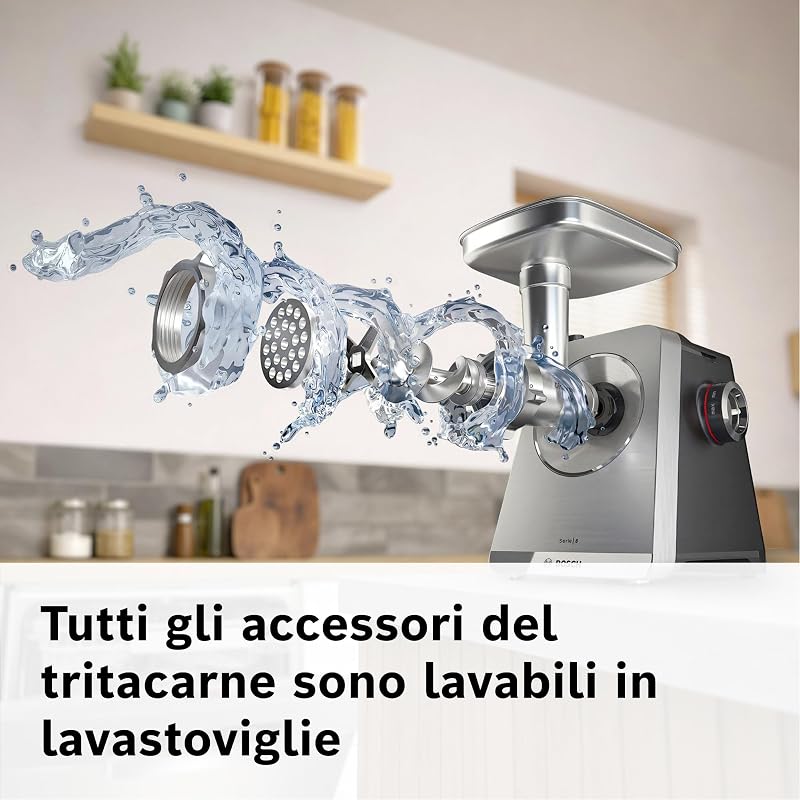 , Tritacarne MultiPower Serie 8, motore da 2500 watt, tritacarne, grattugia, accessorio per salsicce e kebbe, colore nero, MFWS840M
