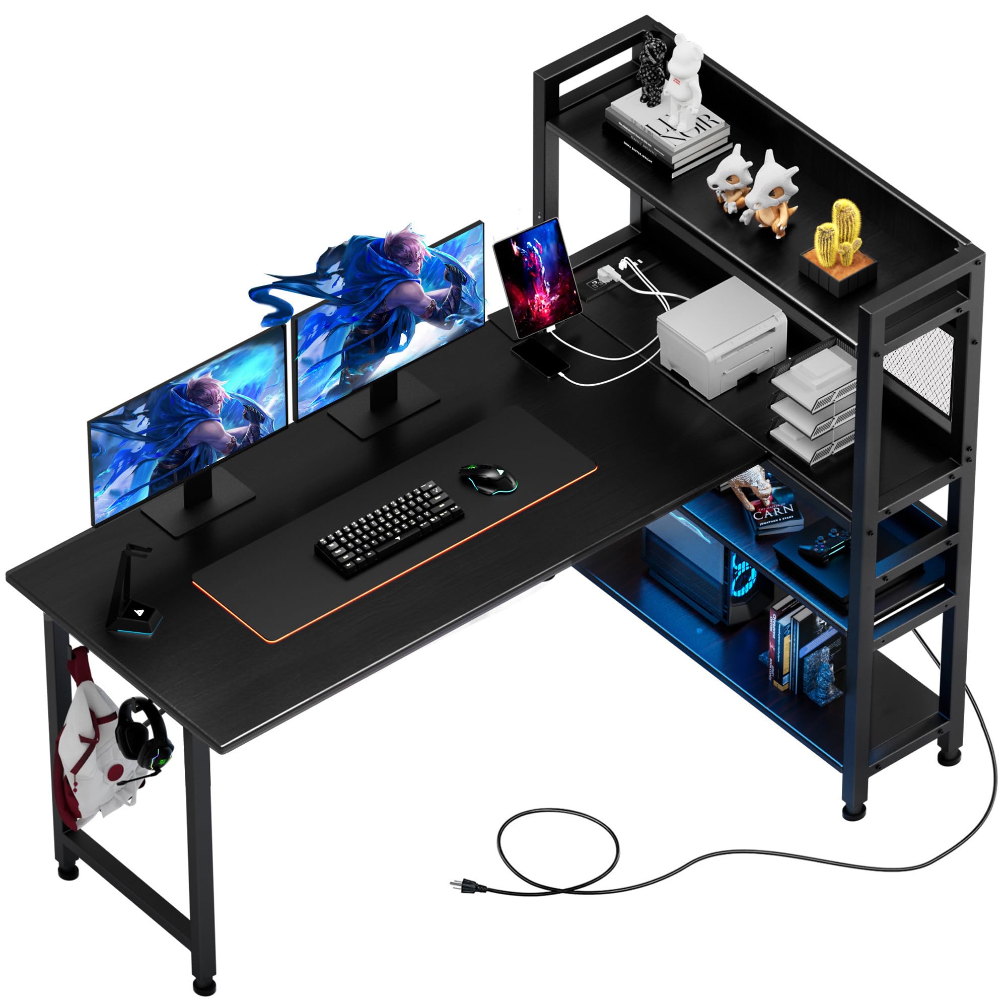 COMHOMA ゲーミングデスク パソコンデスク l字 コンセント/棚/led付き モニターアーム対応 棚板高さ調節可能 多層収納 壁面収納 パンチングボード 頑丈なフレーム 左右組み換え自由 フック/ラック付き エコな板材採用 省スペース CD47-BT-1-black pcデスク l字デスク 作業机 l字型パソコンデスク商品画像