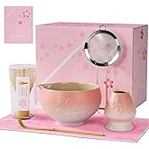 ZENS Matcha Whisk Set, 6pcs Matcha Kit Set with Matcha Bowl, Bamboo Whisk & Scoop, Chasen Holder, 304 Stainless Steel Sifter, Tea Mat for Japanese Tea Ceremony- Pale Pink