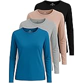 Real Essentials 4 Pack: Women's Cotton Classic-Fit Long-Sleeve Crewneck T-Shirt (Available in Plus Size)
