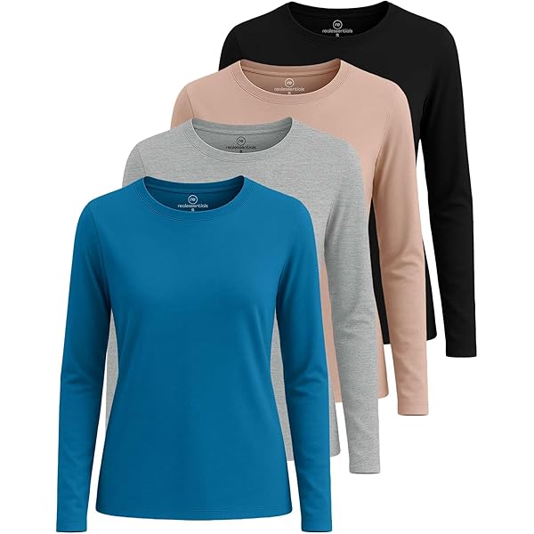 Real Essentials 4 Pack: Women's Cotton Long Sleeve V-Neck T-Shirts