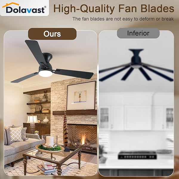 DOLAVAST CEILING FANS WITH LIGHTS, 52 INCH LOW PROFILE CEILING FAN WITH LIGHT AND REMOTE CONTROL, FLUSH MOUNT, REVERSIBLE, 3CCT, DIMMABLE LED, NOISELESS, BLACK CEILING FAN FOR BEDROOM, LIVING ROOM