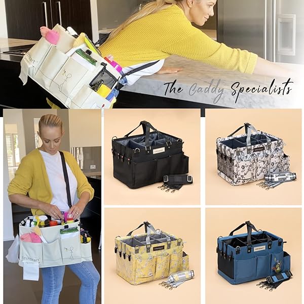 FIFTHSTART CLEANING CADDY FOR CLEANING SUPPLIES – LARGE CLEANING BAG ORGANIZER TOTE WITH SHOULDER STRAP, MESH BASE & ADJUSTABLE DIVIDERS – HEAVY DUTY CLEANING BAGS FOR HOUSEKEEPERS (BLUE CHECK, LARGE)