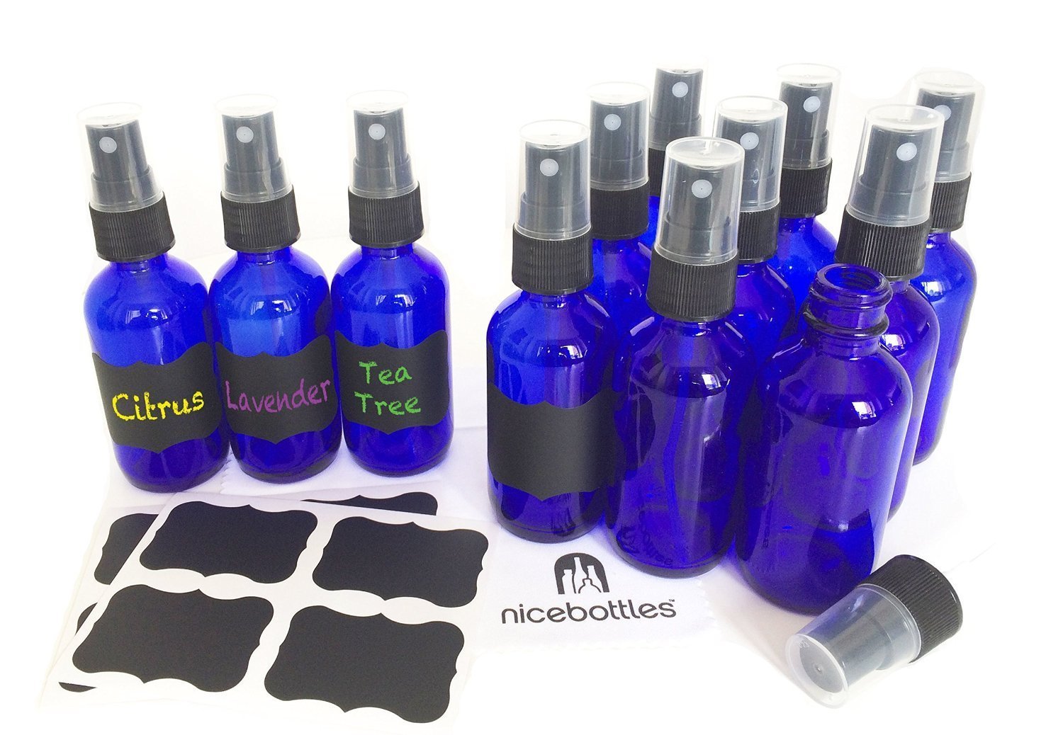 Glass Spray Bottles, 2 Oz Cobalt Blue Boston Round with Fine Mist